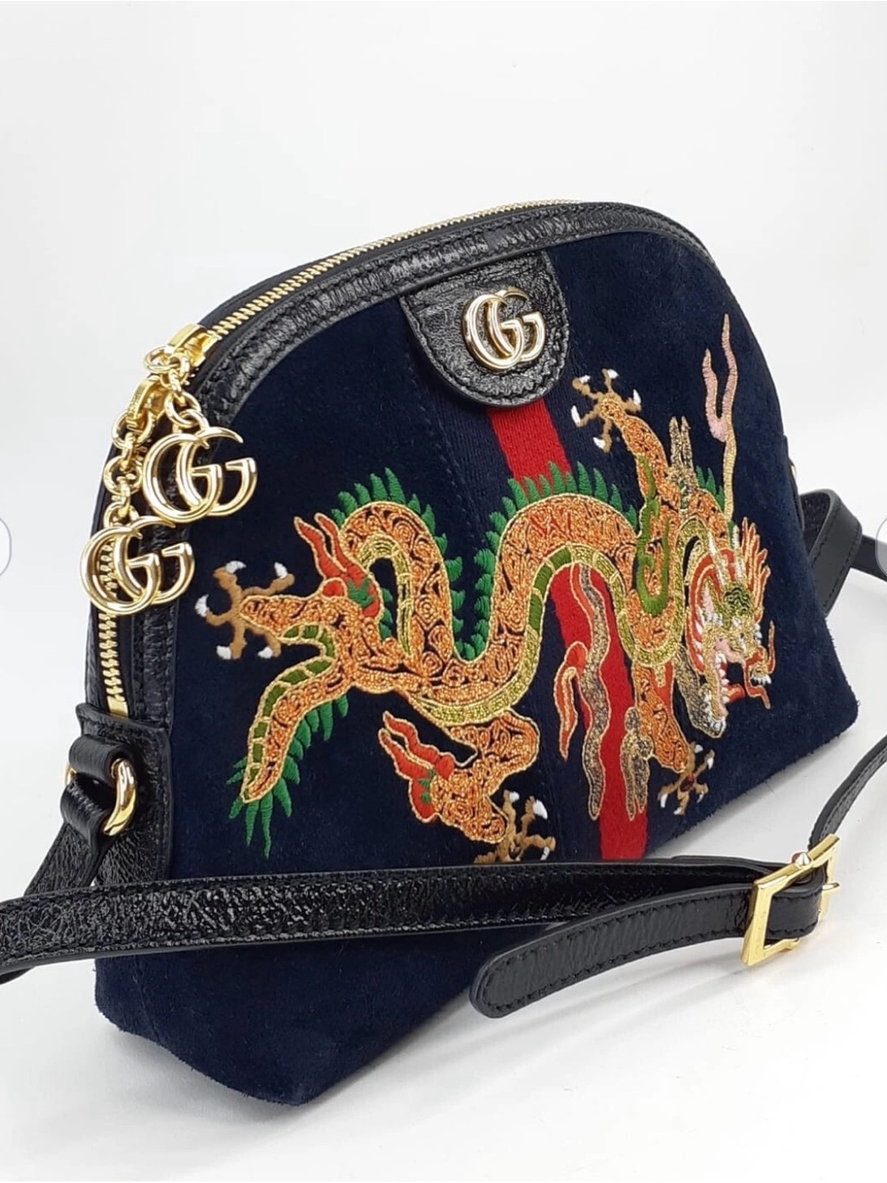 Gucci Navy Suede Dragon Embroidered Crossbody with Red and Green Stripe